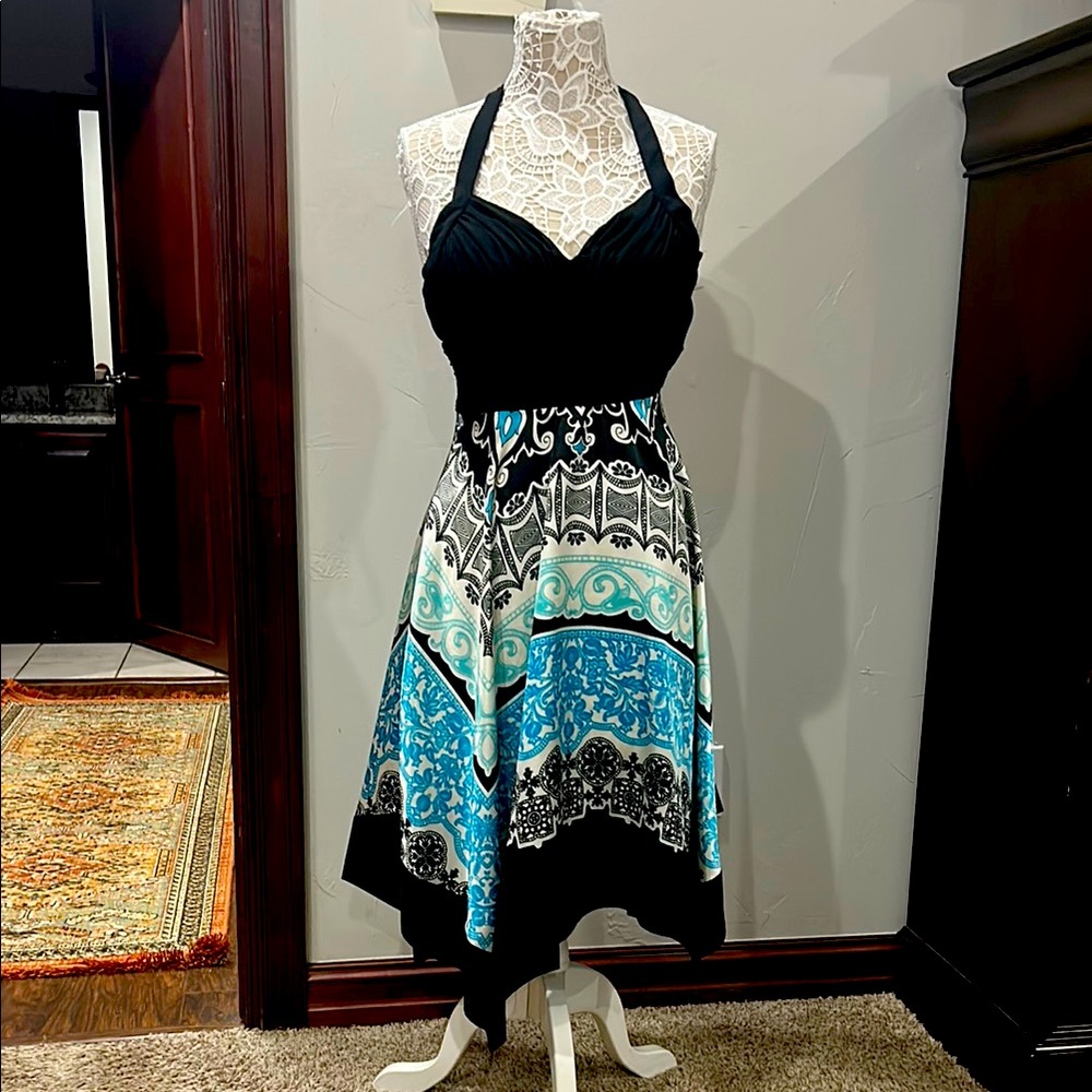 Sangria Halter Top Backless Gathered Waist, Satin Paisley Bottom Cocktail Dress